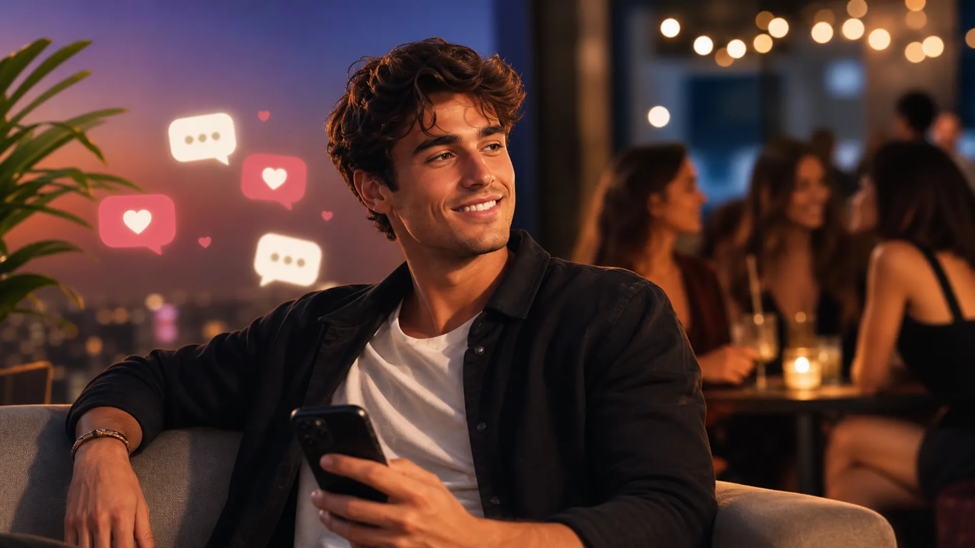 Confident young adult holding a phone and smiling in a modern social setting, representing charm, flirting, and learning how to rizz